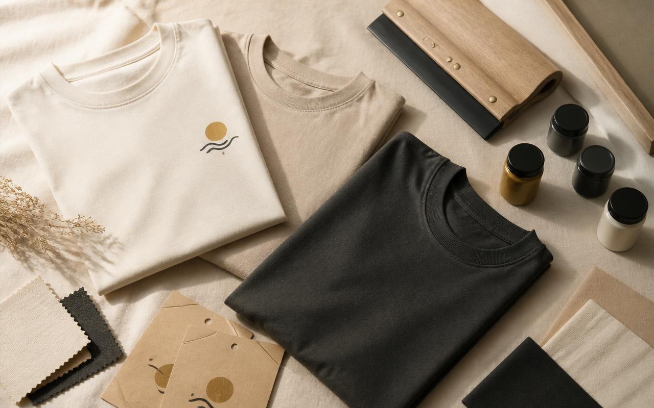 Premium custom printed t-shirts, inks, and screen printing tools arranged on a warm cream background